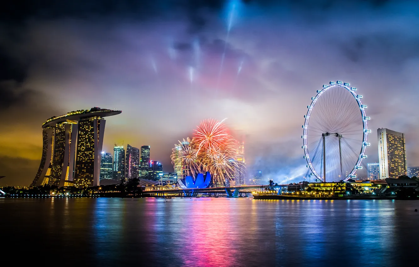 Фото обои ночь, город, праздник, салют, Сингапур, фейерверк, отель