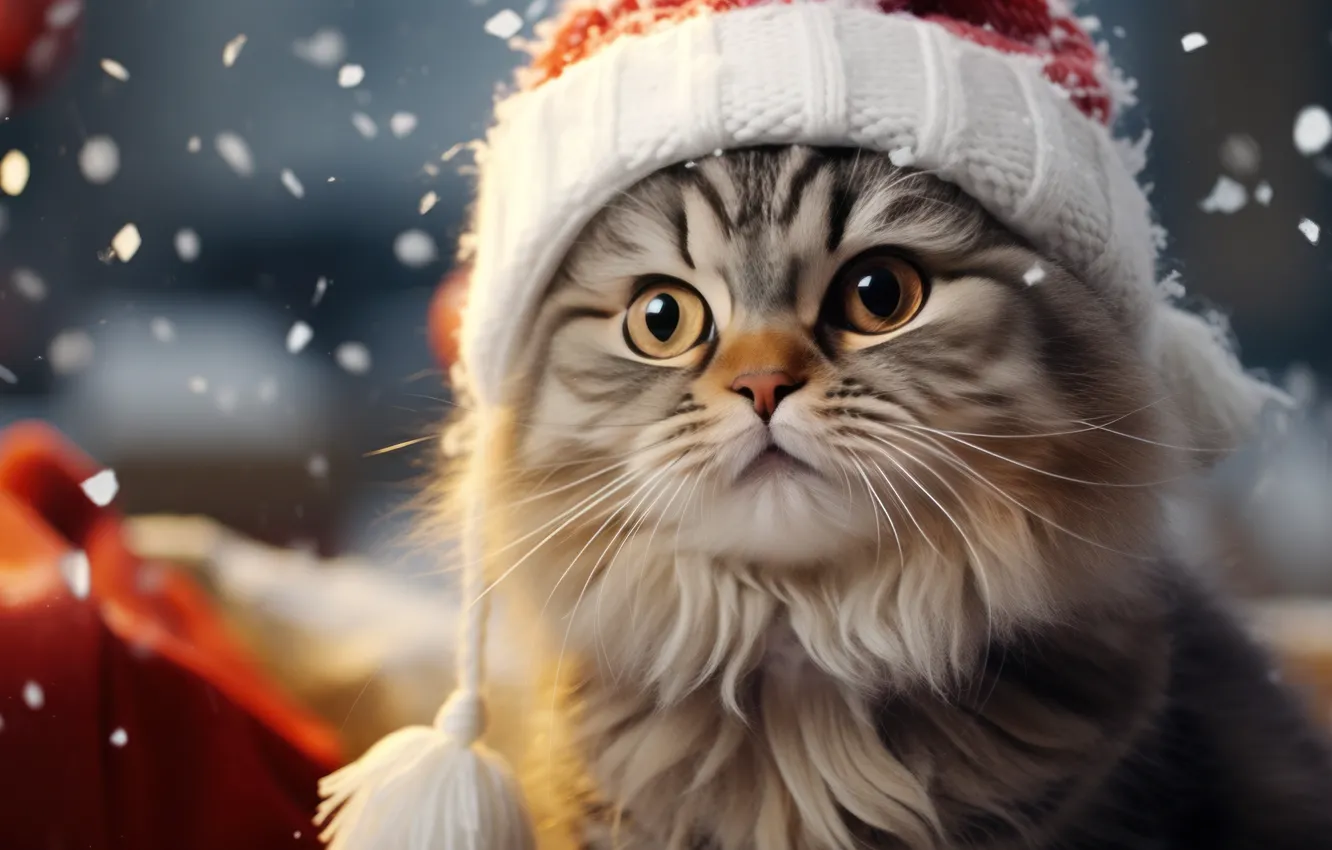 Фото обои зима, кошка, кот, снег, котенок, Рождество, Новый год, полосатый