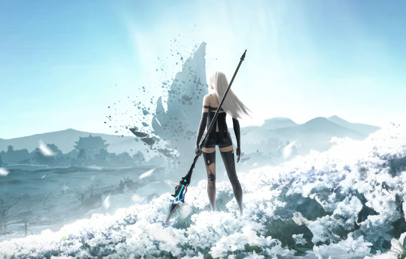 Фото обои посох, белые волосы, Nier Automata, 2023, стоя спиной, Bladepoint, Naraka