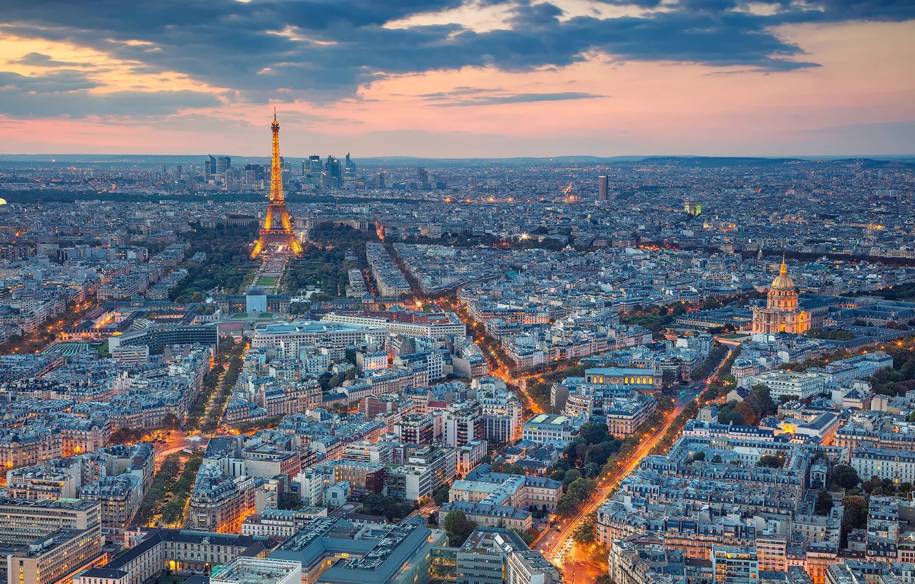 Фото обои закат, Франция, Париж, вечер, панорама, Paris, France