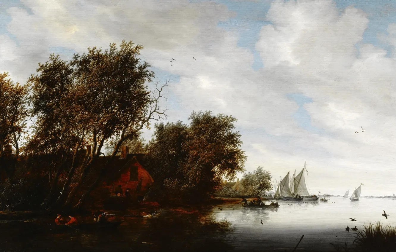 Фото обои дом, река, лодка, картина, парус, Salomon van Ruysdael, Соломон ван Рёйсдал, Речной Пейзаж с Охотником …