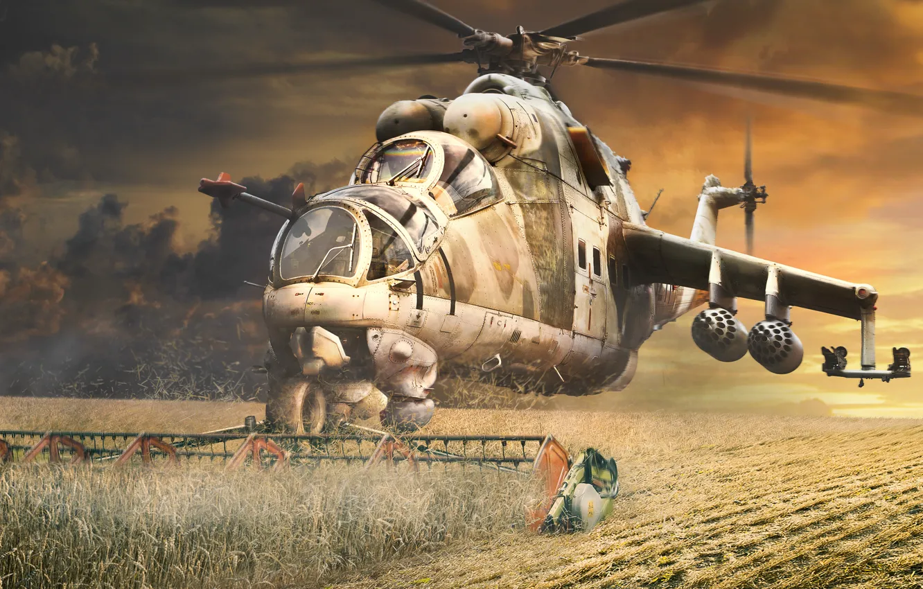 Фото обои поле, урожай, арт, вертолет, злаки, Mi-24, косилка