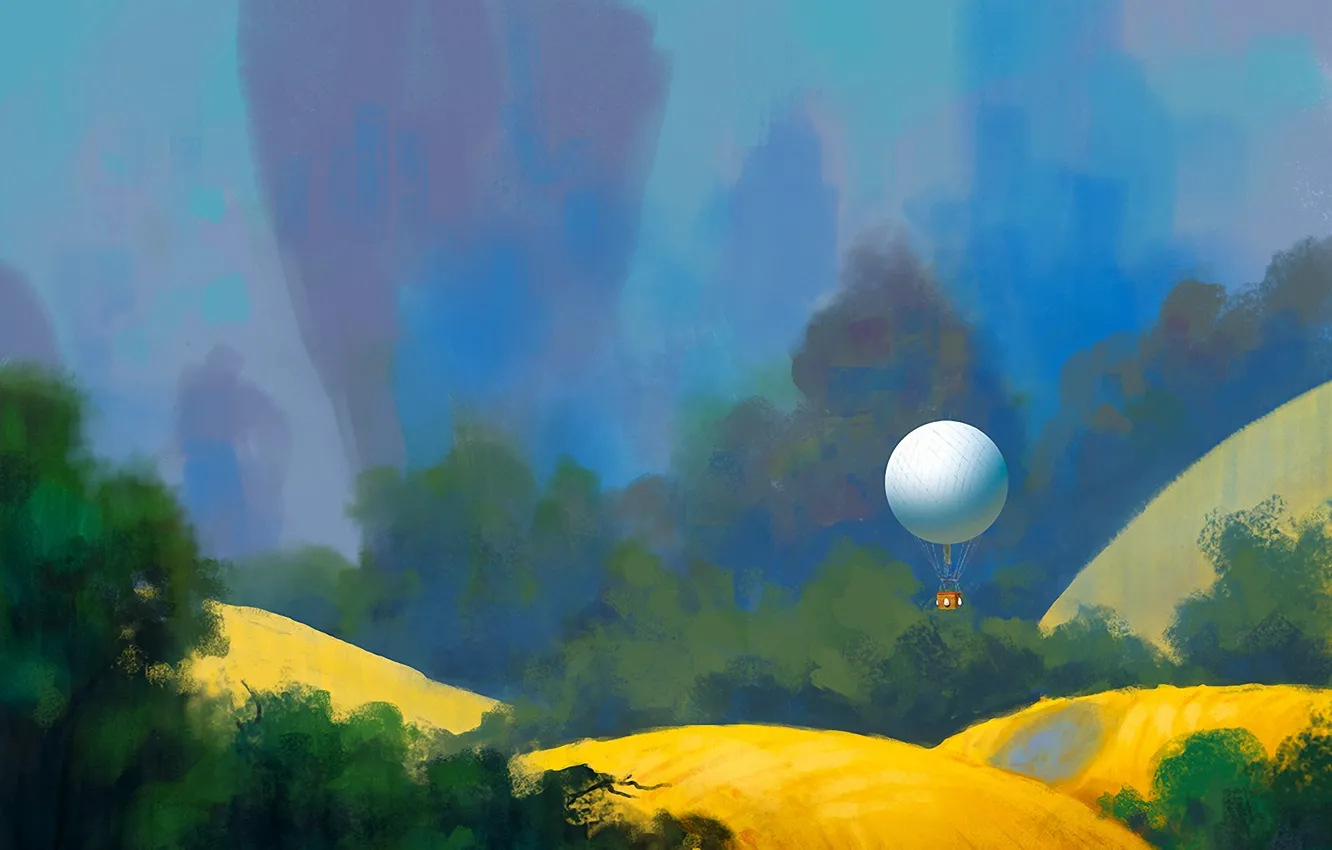 Фото обои воздушный шар, холмы, арт, нарисованный пейзаж