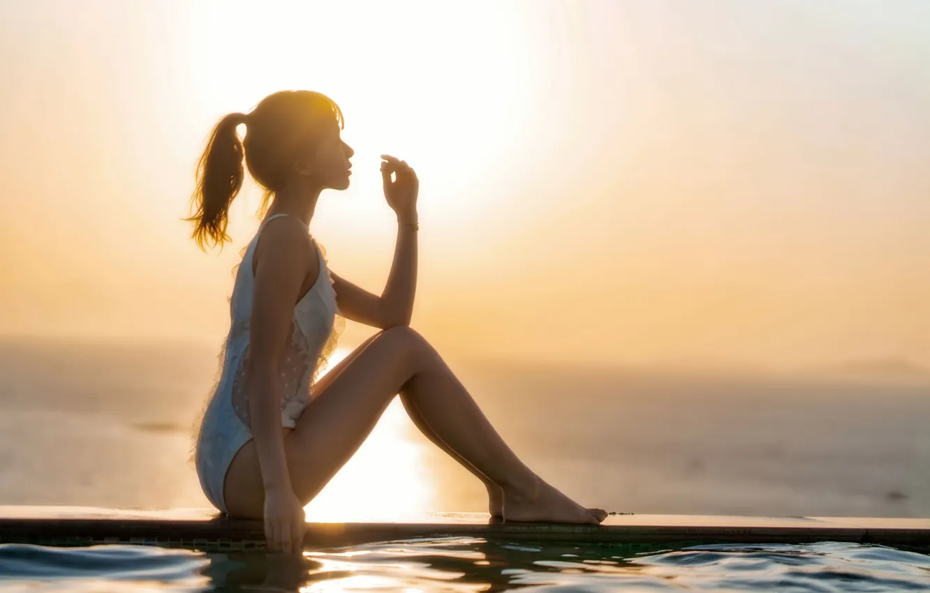 Фото обои Beautiful, Asian, Model, Beach, Sun, Water, Sunset, Woman