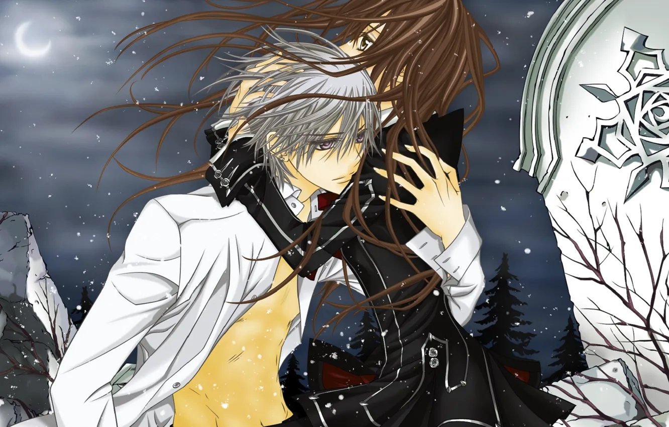 Фото обои снег, ночь, ветер, луна, объятия, плита, vampire knight, yuuki cross