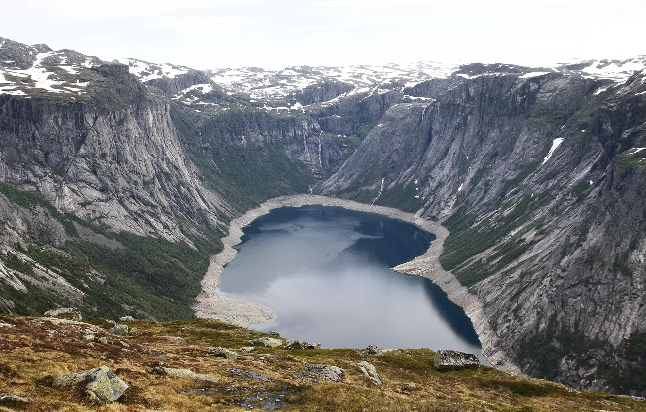 Фото обои снег, горы, озеро, водопад, NORWAY