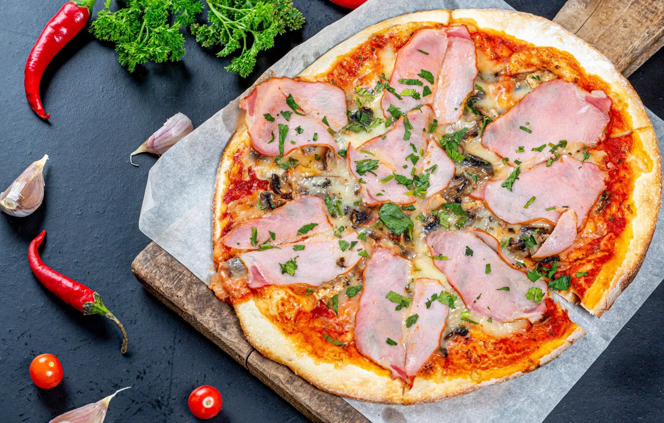 Фото обои сыр, доска, перец, овощи, пицца, выпечка, pizza, начинка