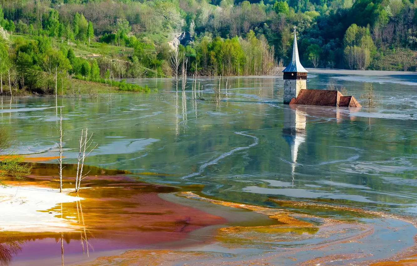 Фото обои вода, пейзаж, храм, Romania, Alba, Geamæna