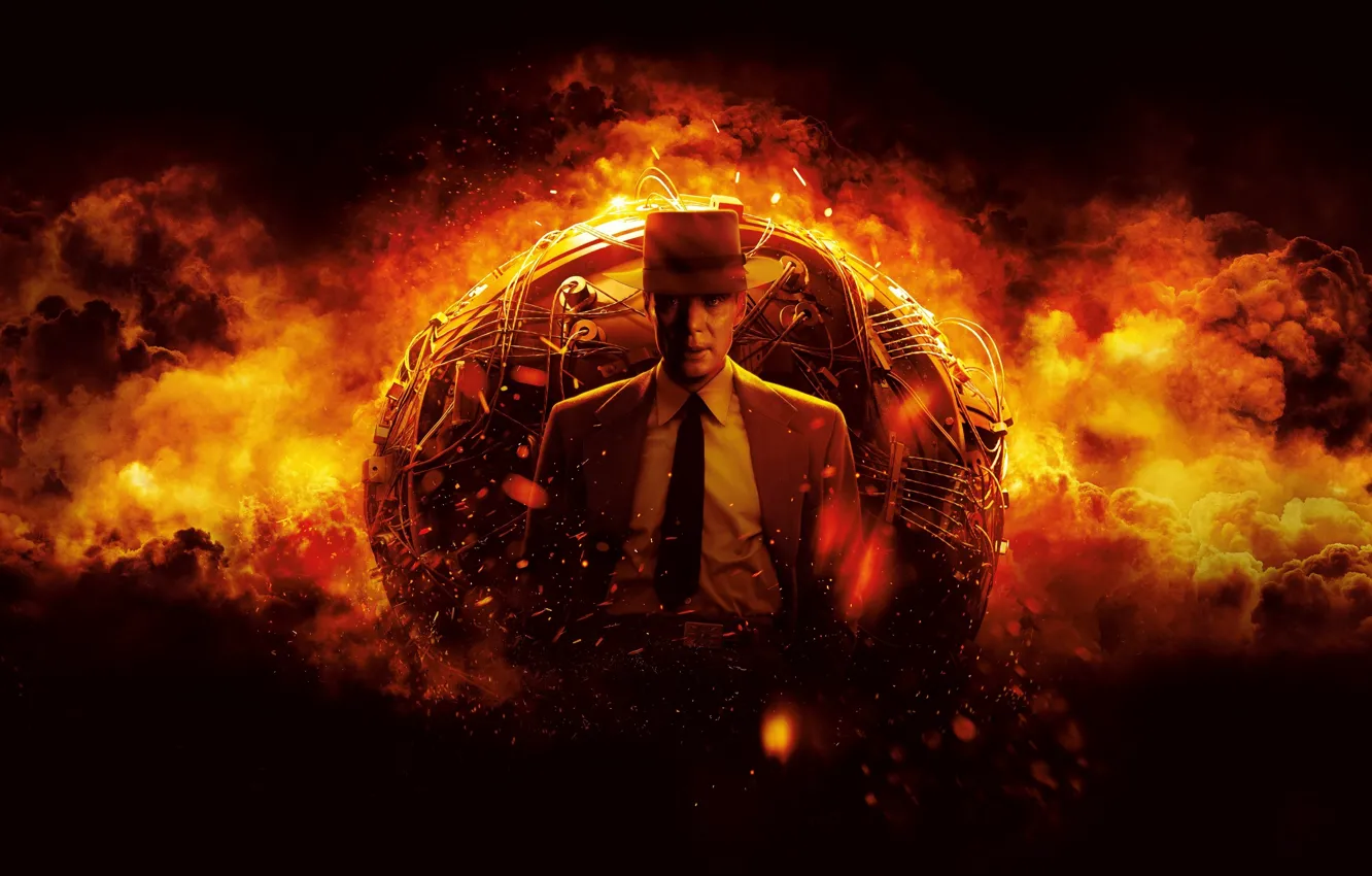 Фото обои fire, smoke, power, weapons, dark background, scientist, nuclear bomb, J. robert oppenheimer