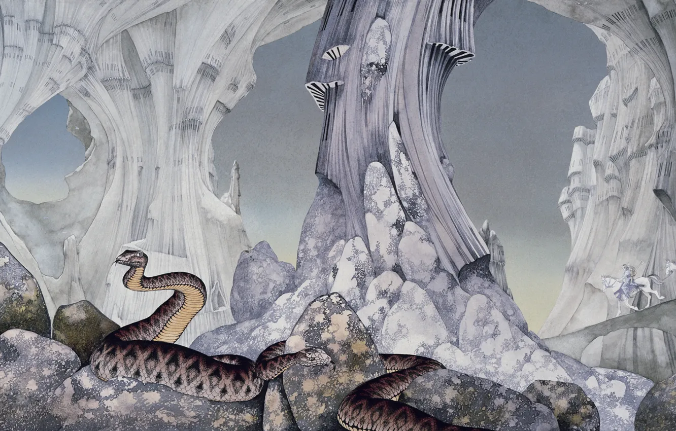 Фото обои змеи, камни, скалы, арт, всадники, пещеры, Roger Dean