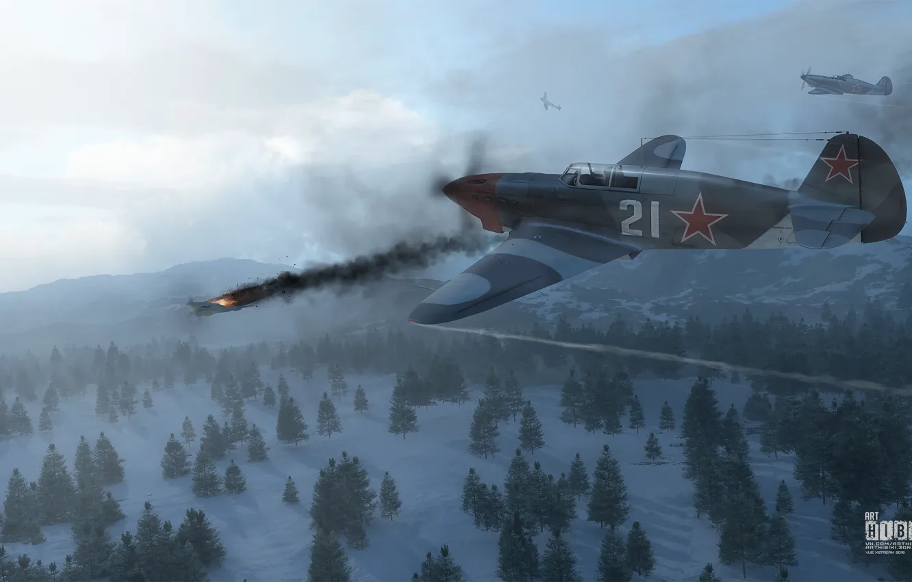 Фото обои небо, война, истребитель, Арт, советский, поршневой, одномоторный, яковлев