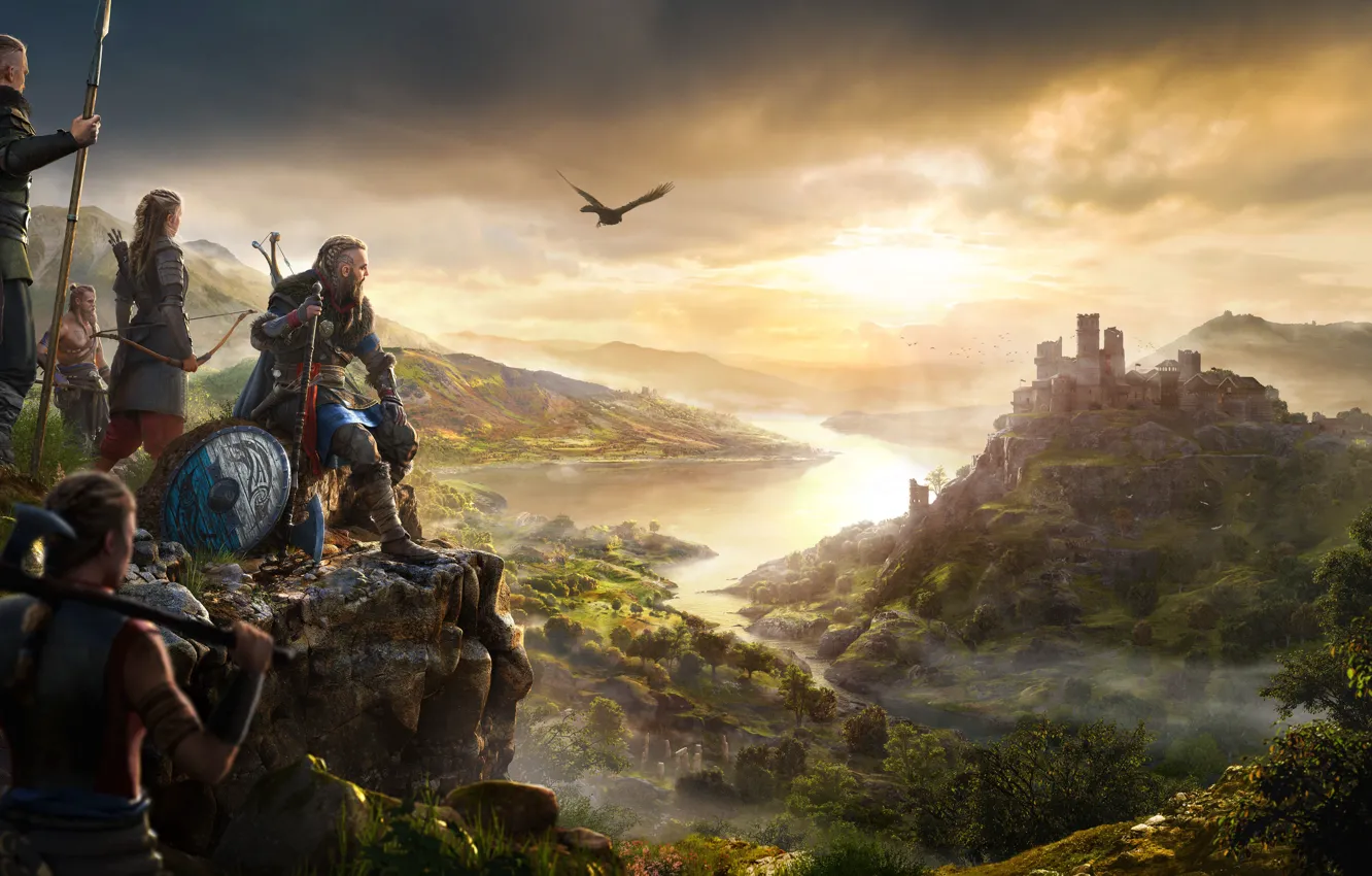 Фото обои замок, птица, крепость, викинги, ассасины, Assassin's Creed Valhalla