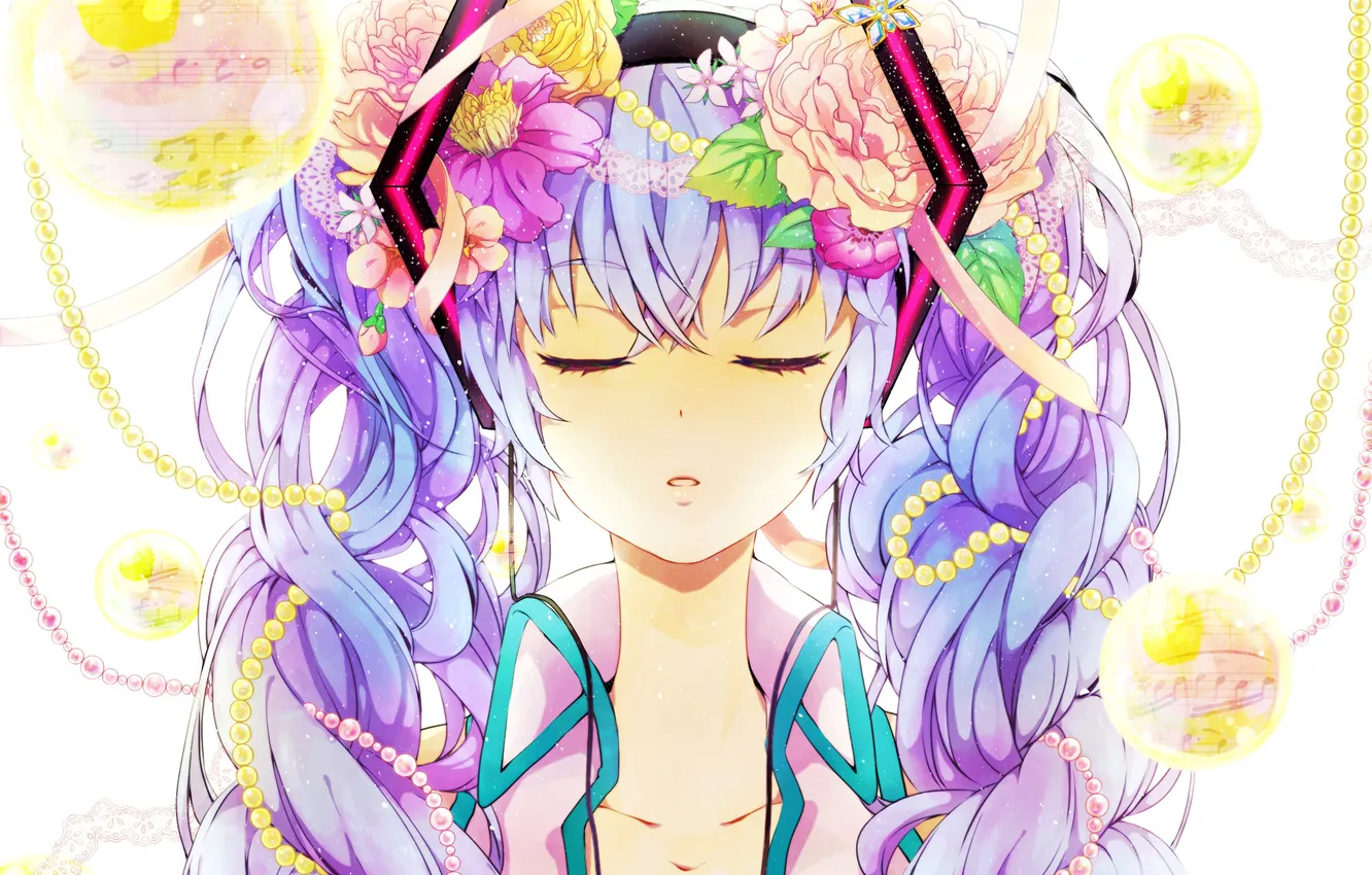 Фото обои девушка, цветы, ноты, арт, бусы, vocaloid, hatsune miku, вокалоид