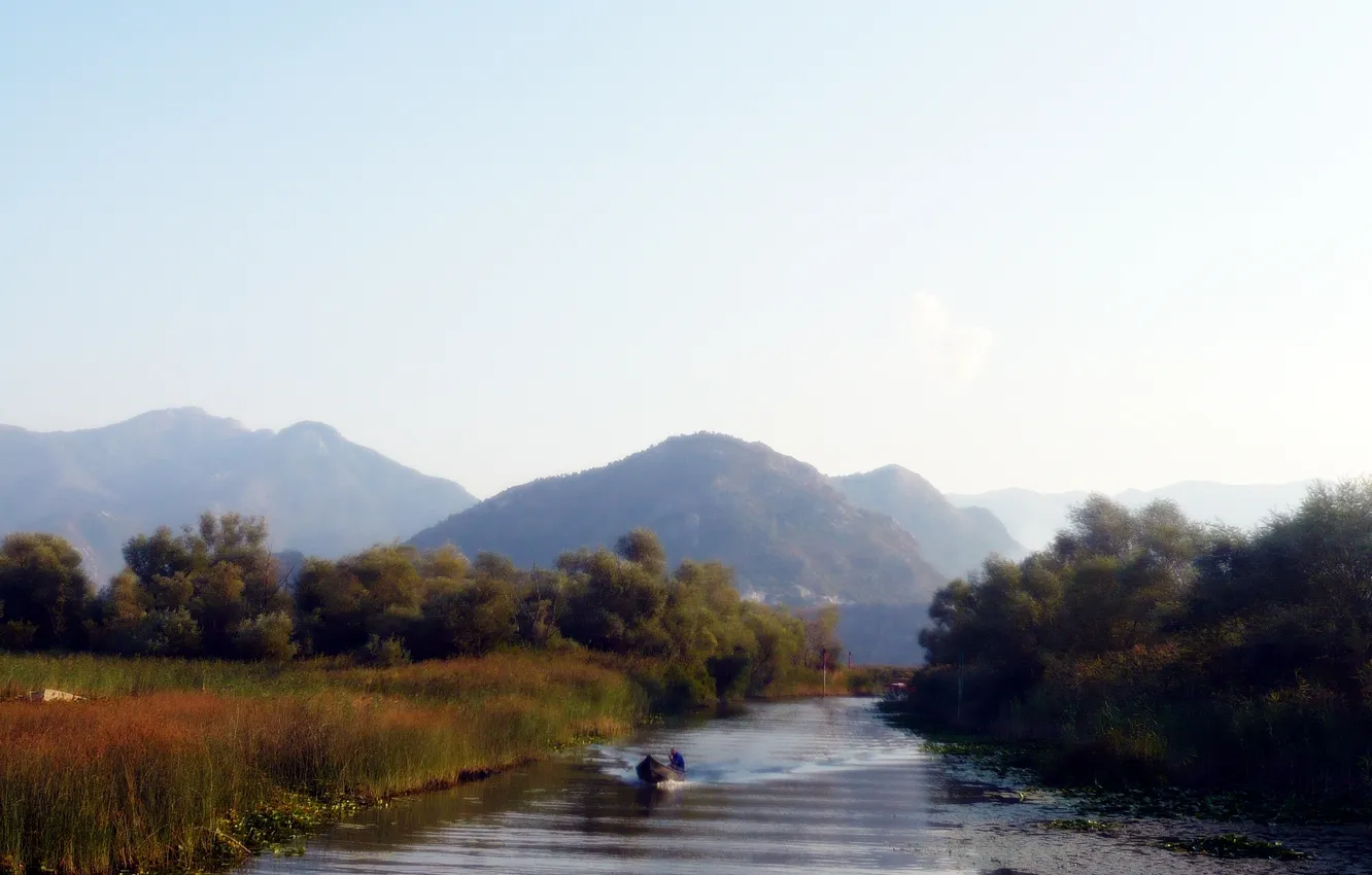 Фото обои горы, лодка, Река