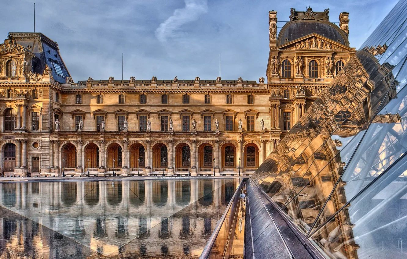 Фото обои отражение, Франция, Париж, Лувр, пирамида, Paris, музей, архитектура