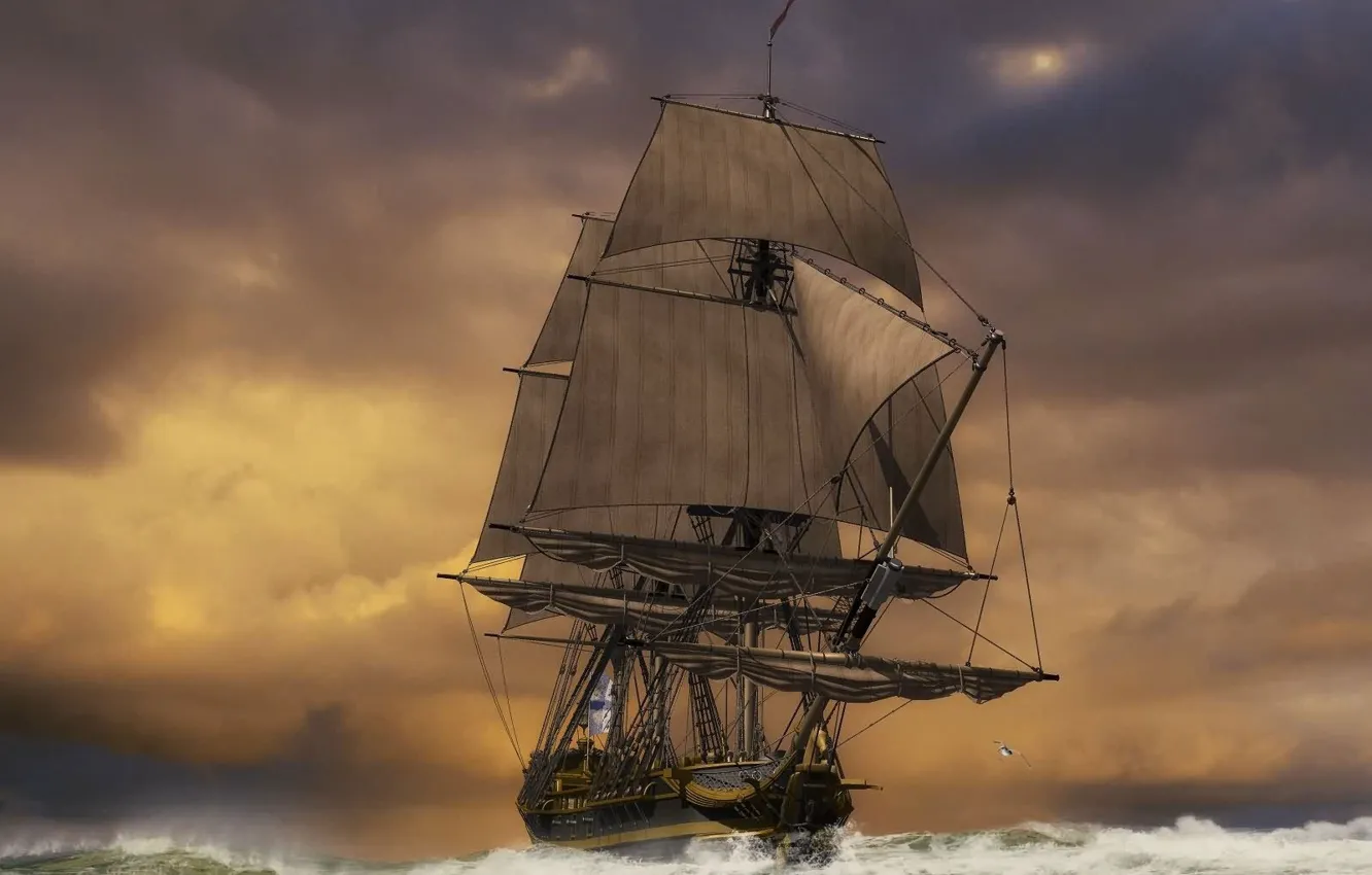Фото обои море, шторм, корабль, паруса, погода