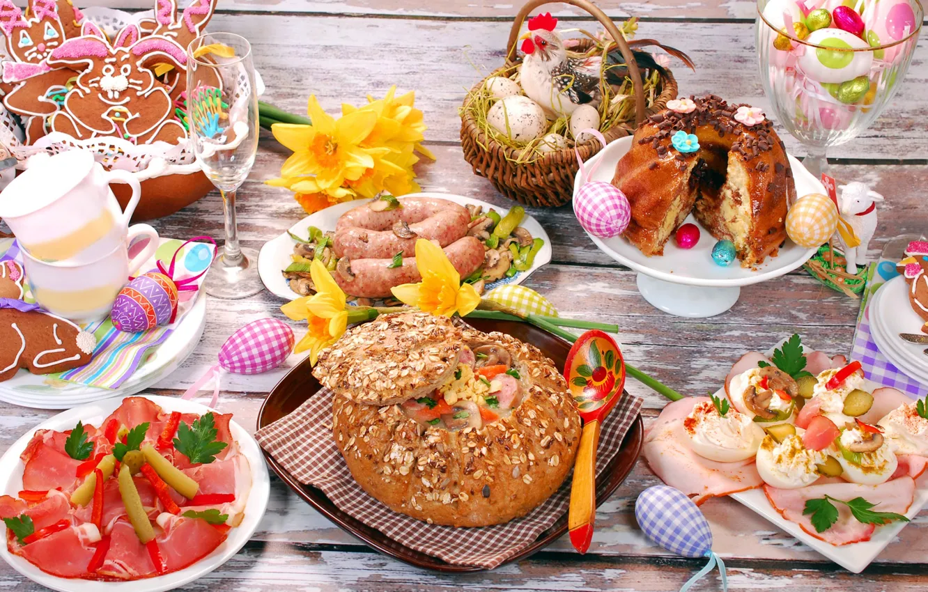 Фото обои стол, яйца, хлеб, Пасха, мясо, кулич, сервировка, ассорти