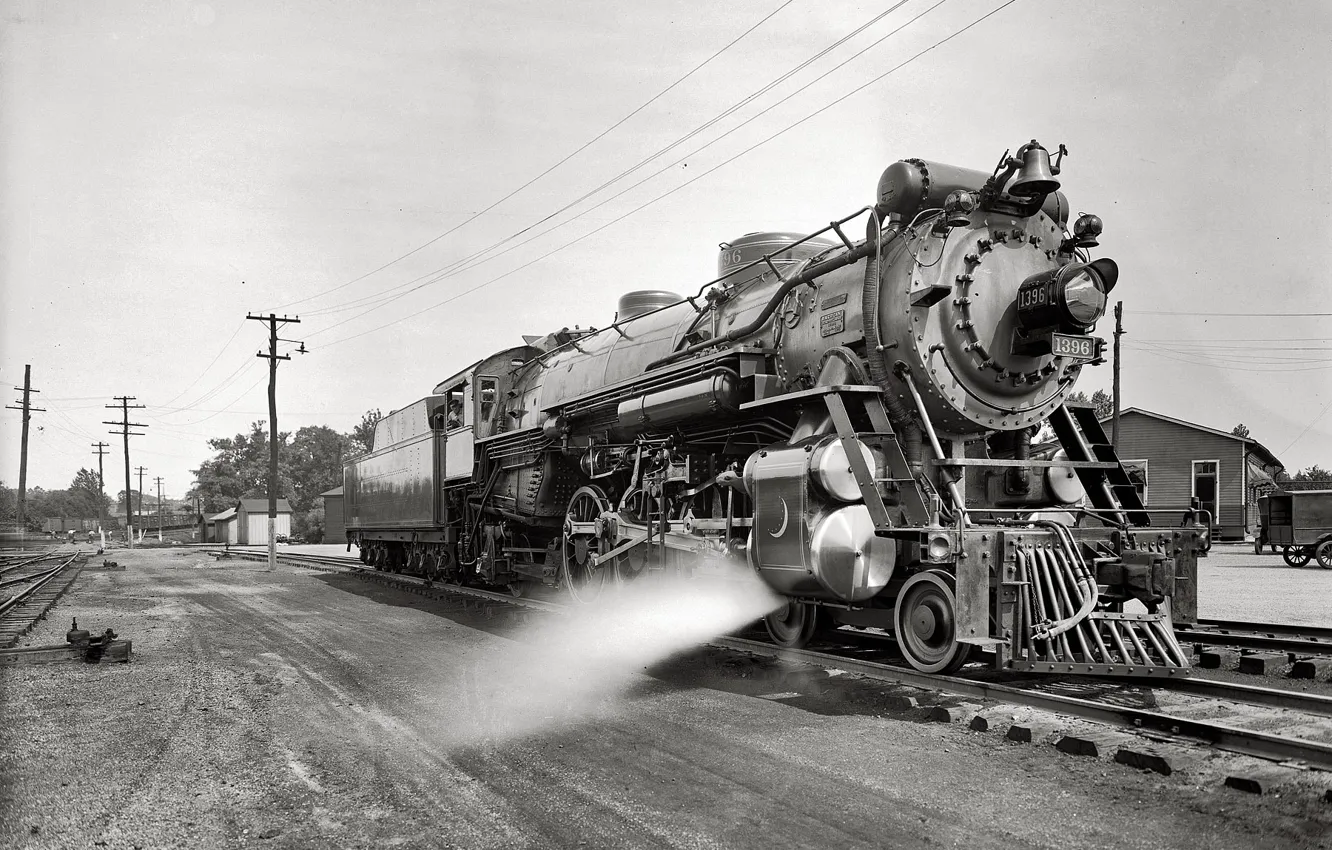 Фото обои поезд, паровоз, чёрно-белое