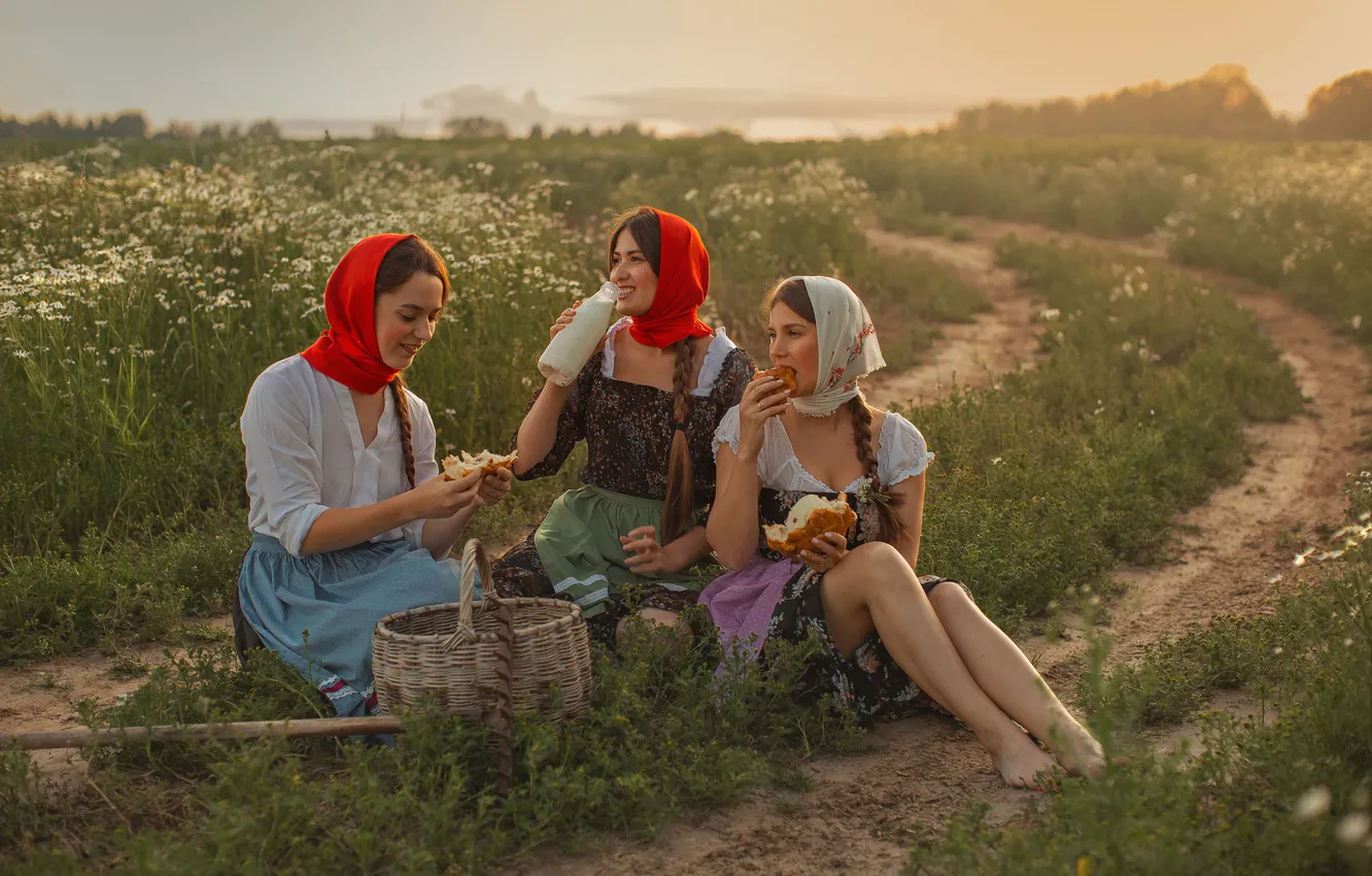 Фото обои поле, трава, девушки, отдых, урожай, трое, Татьяна Шепелева