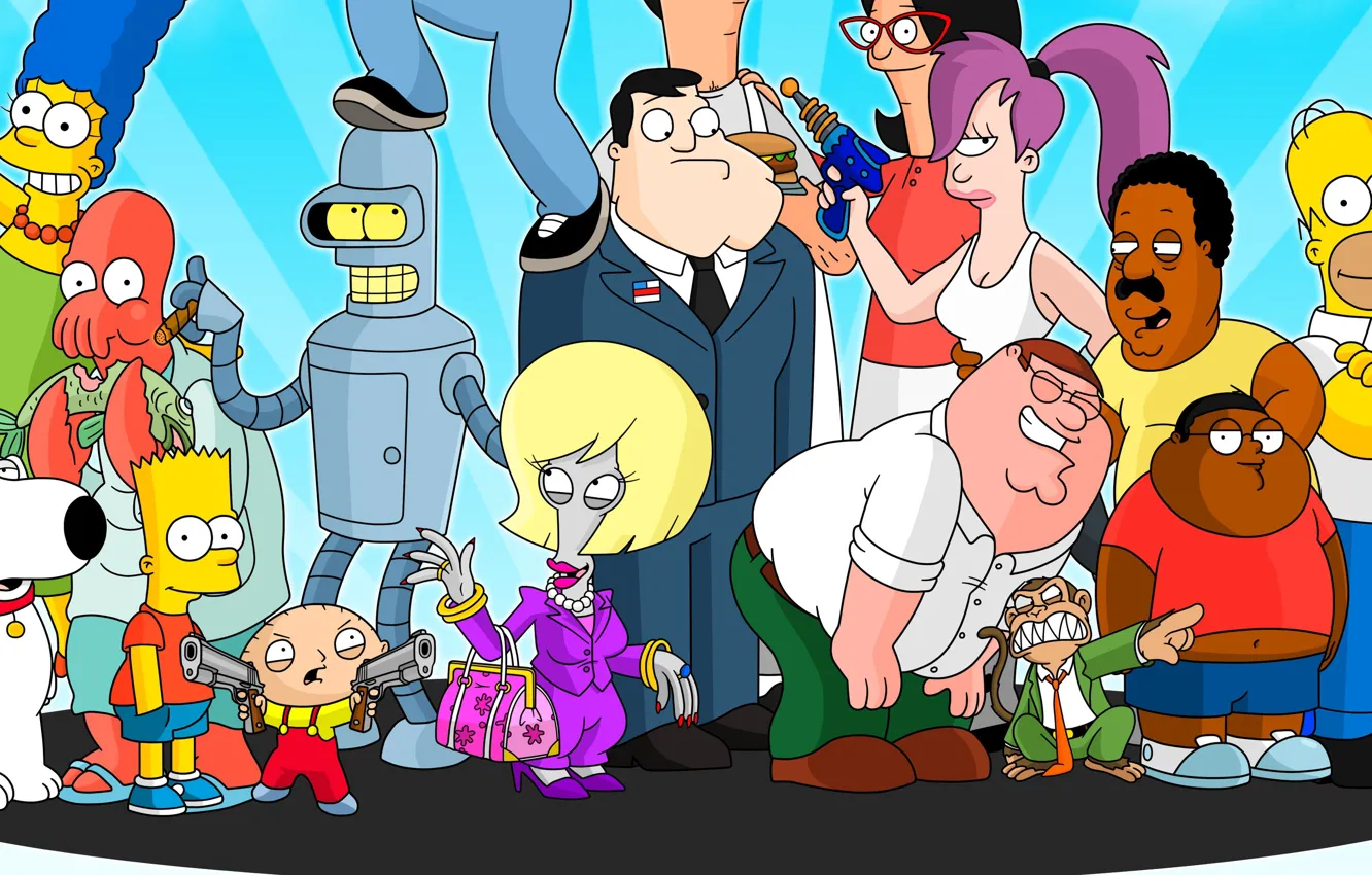 Фото обои Futurama, cartoon, crossover, Family Guy, The Simpsons, tv series, The Cleveland Show, American Dad!
