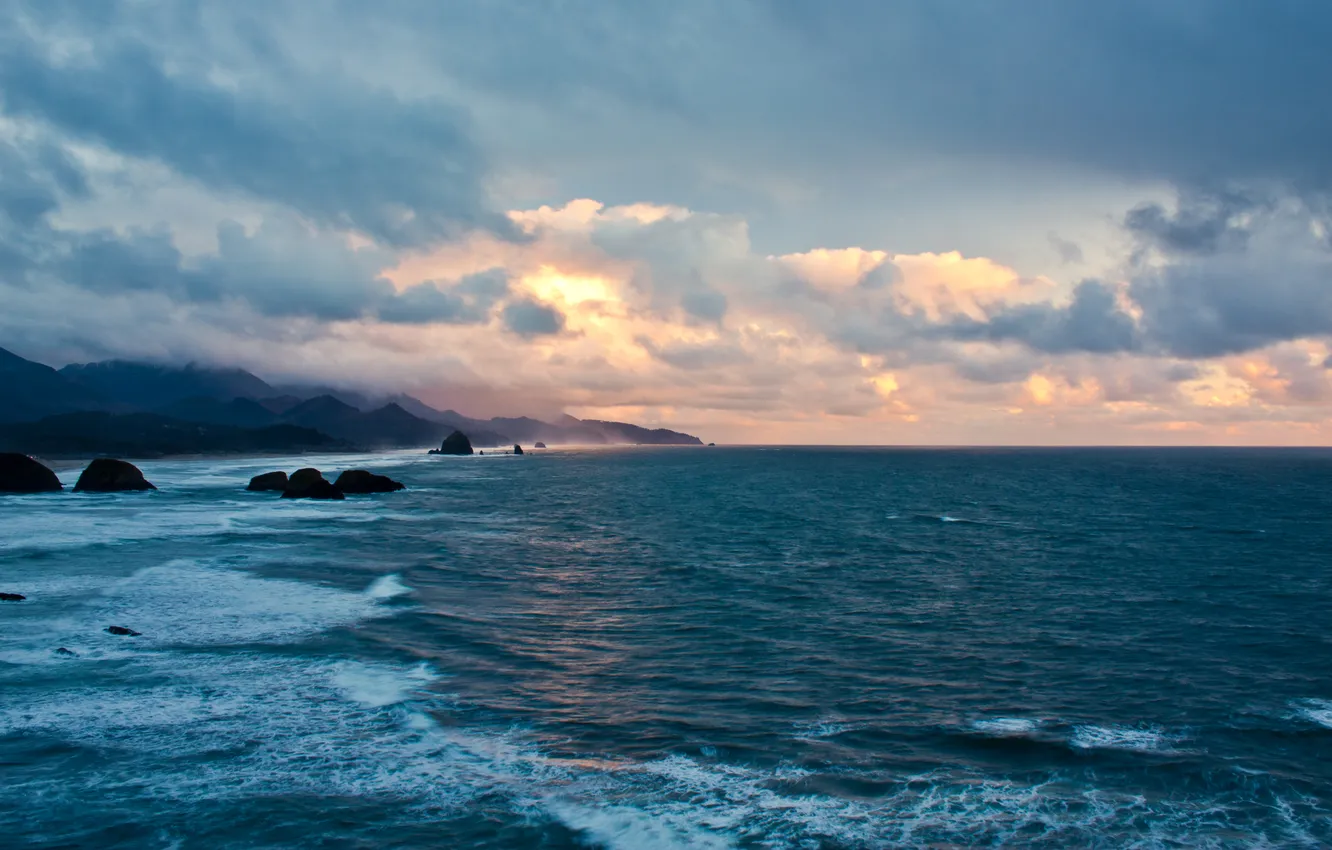 Фото обои haystack rock, ecola state park, Oregon Coast Sunset