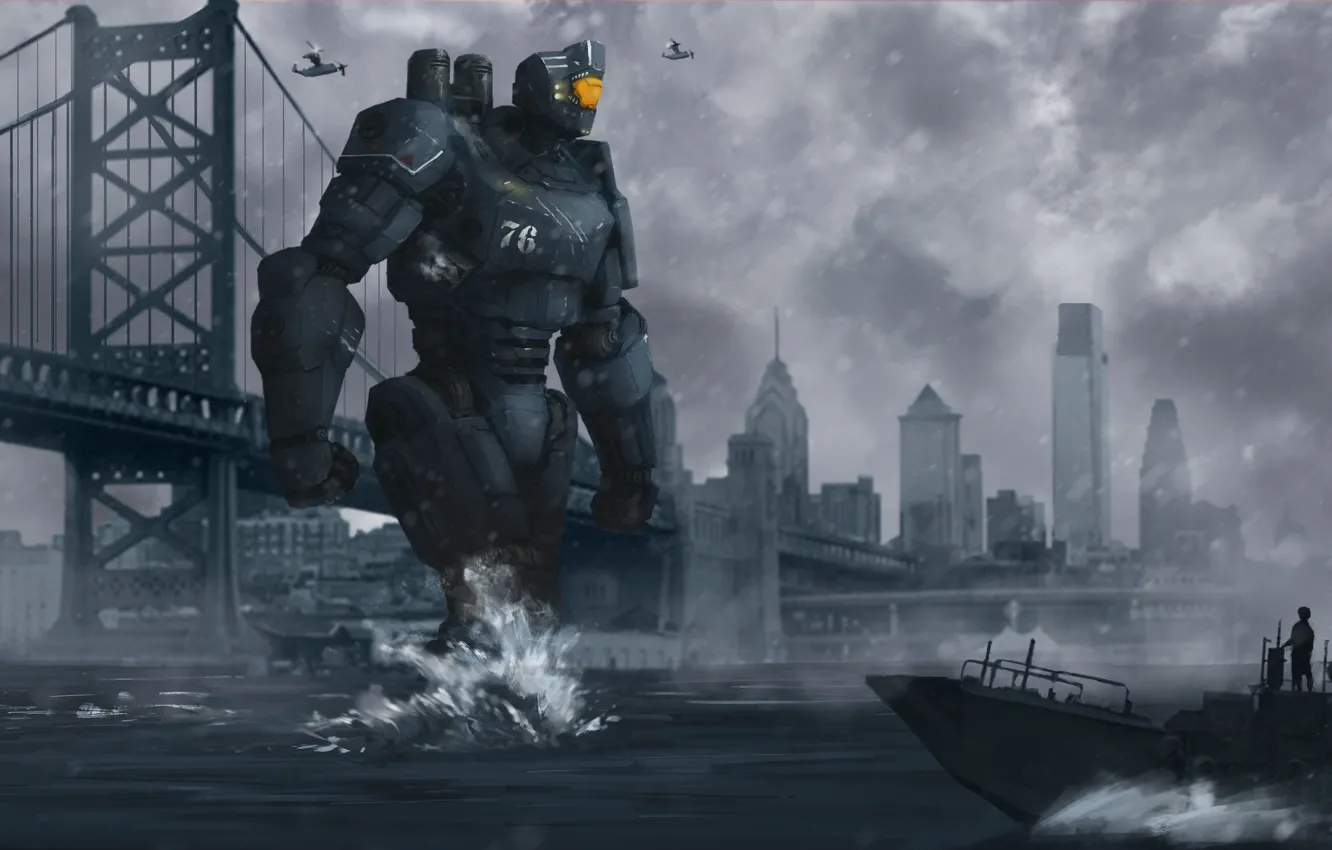 Фото обои мост, город, река, лодка, робот, Corsair, Pacific Rim, jaeger