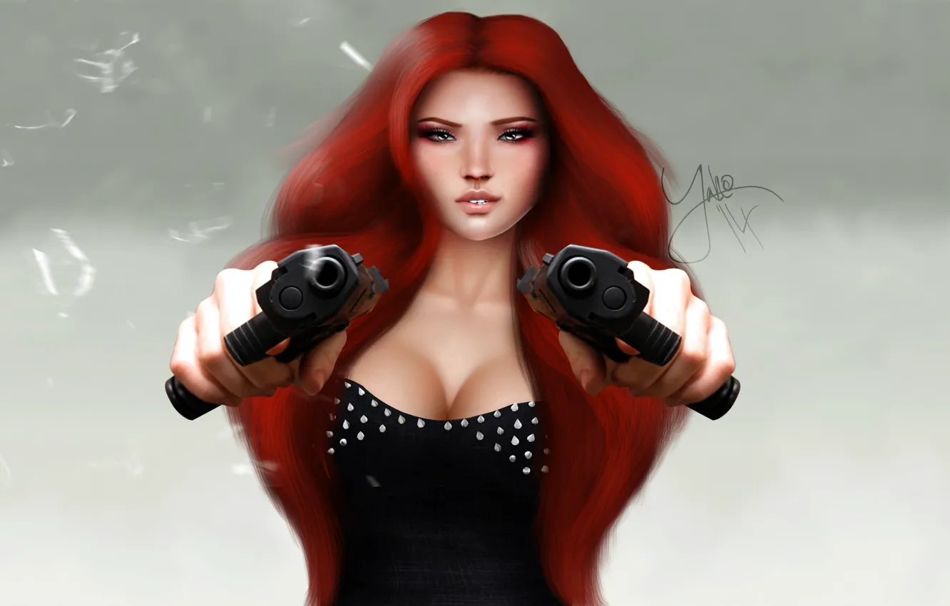 Фото обои взгляд, девушка, лицо, рендеринг, волосы, пистолеты