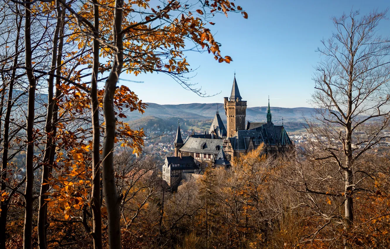 Фото обои осень, солнце, деревья, пейзаж, природа, замок, Германия, Schloss Wernigerode