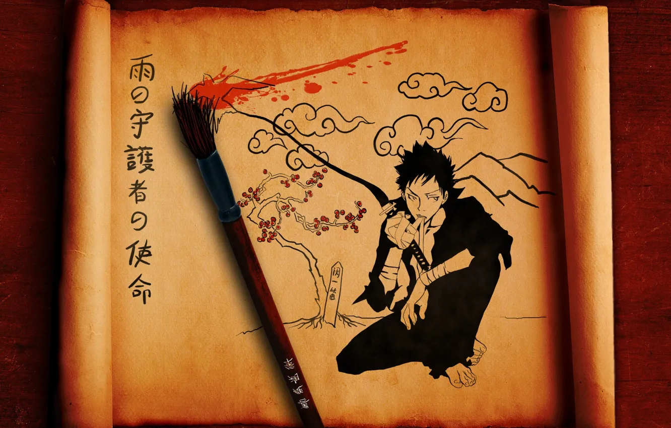 Фото обои рисунок, меч, иероглифы, парень, кисть, свиток, yamamoto takeshi, katekyou hitman reborn