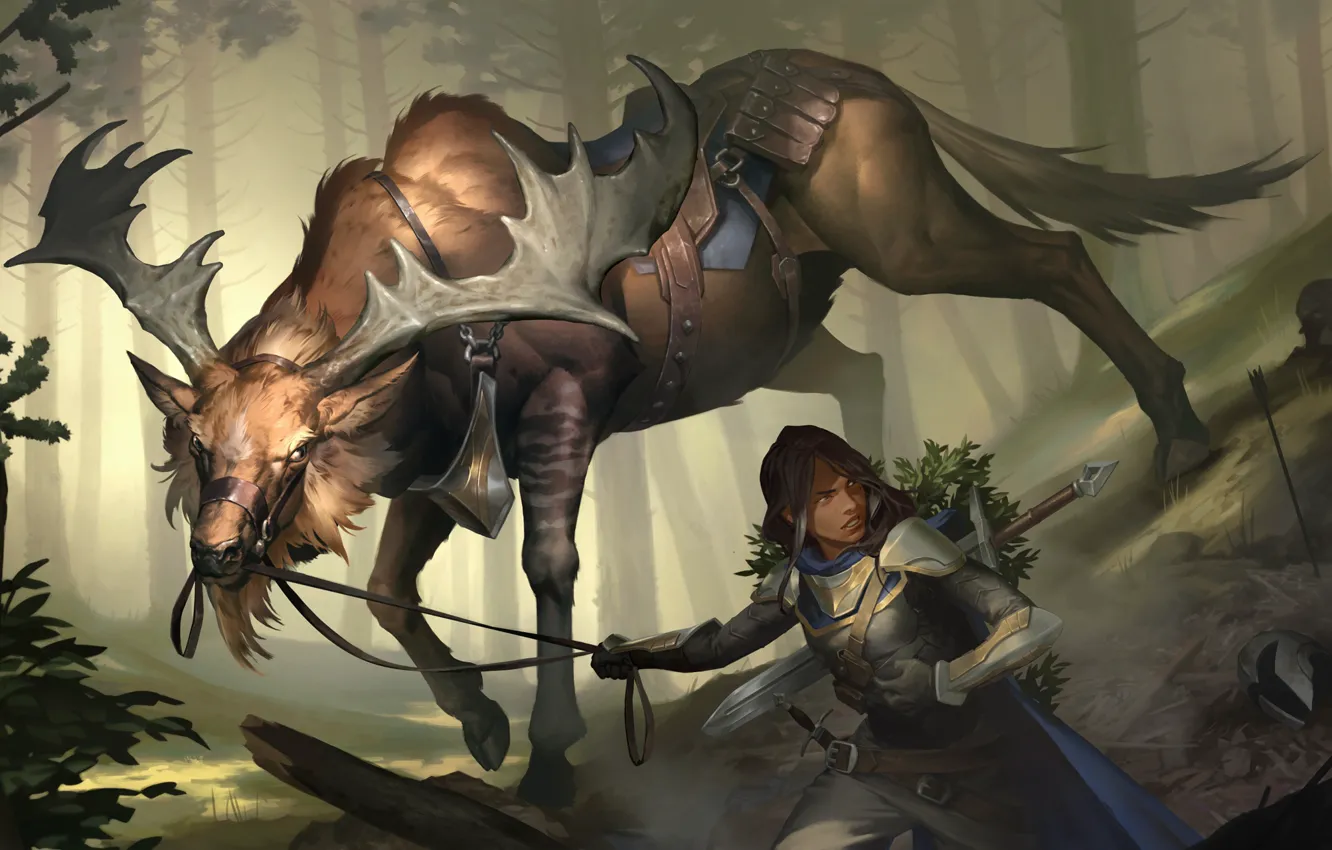 Фото обои лес, девушка, олень, сбруя, Legends of Runeterra
