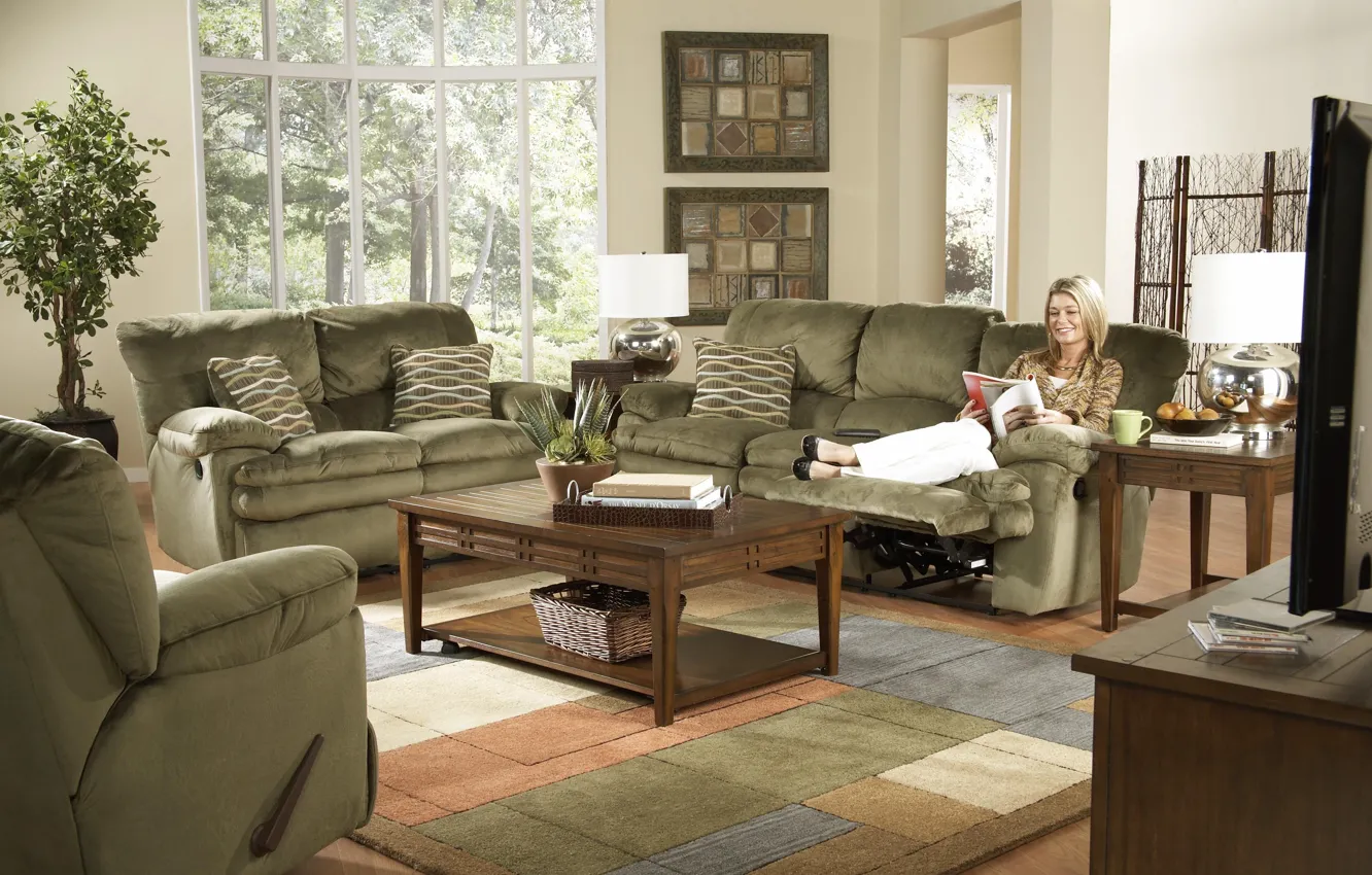 Фото обои комната, интерьер, гостиная, светлая, sage green sofa