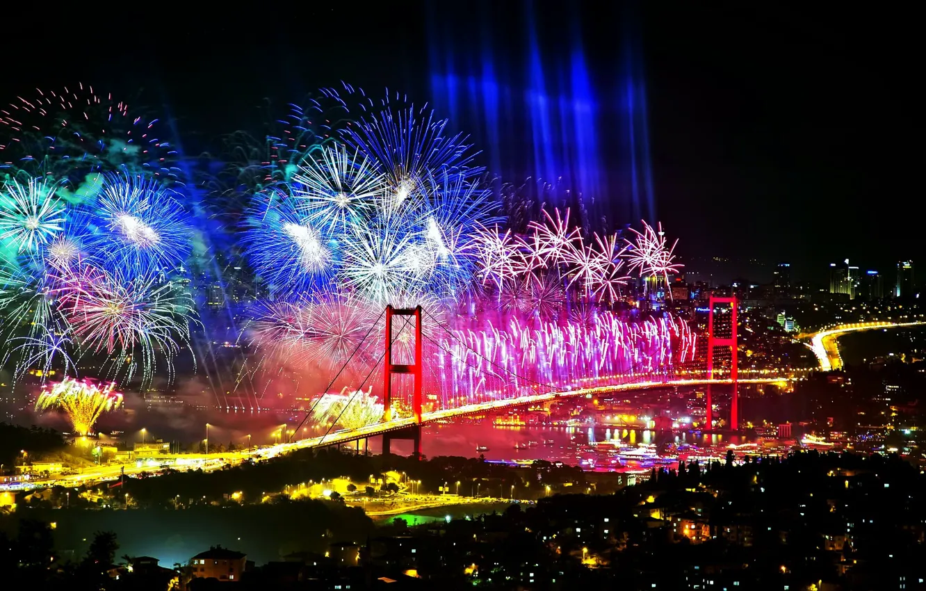 Фото обои ночь, пролив, праздник, салют, Стамбул, Турция, Istanbul, Turkey