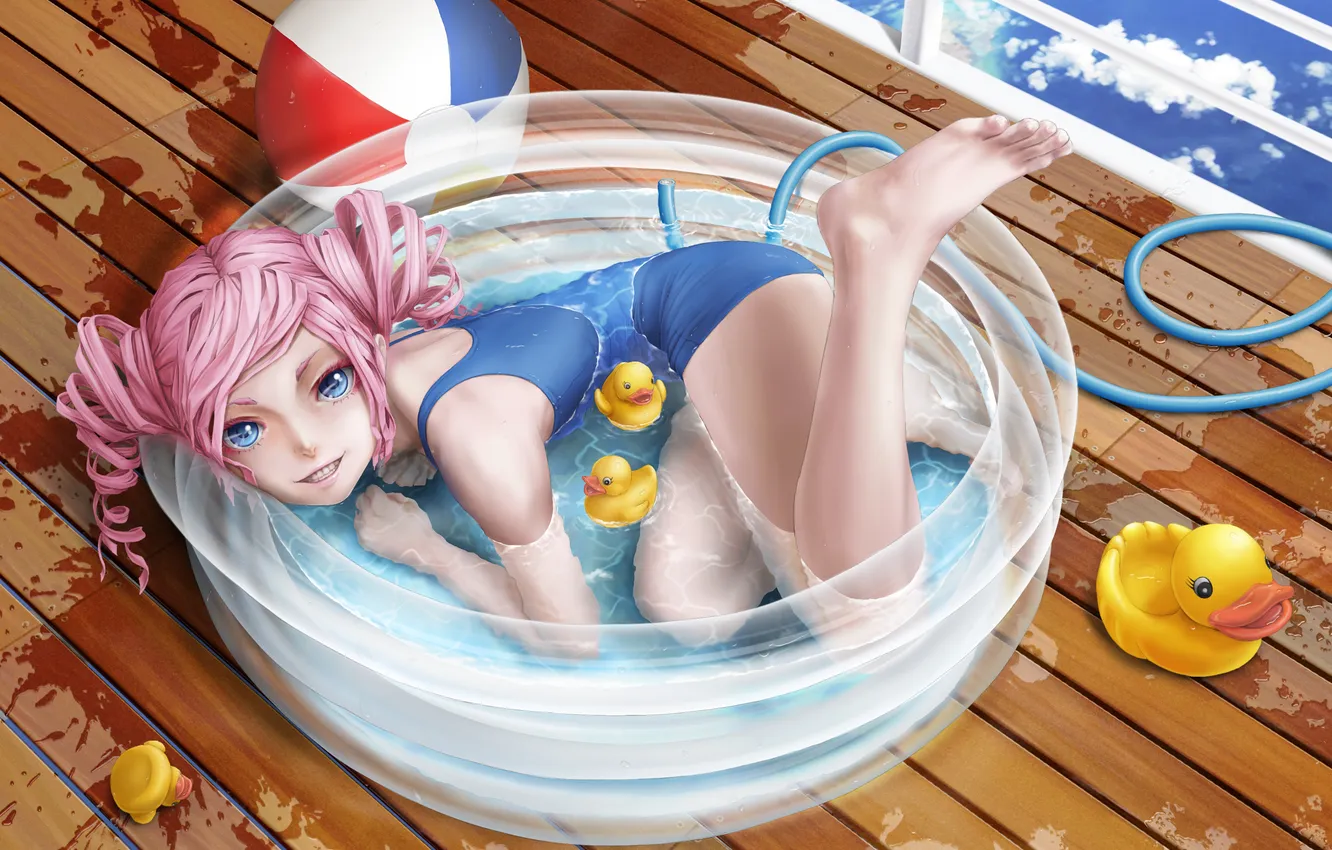 Фото обои купальник, вода, аниме, девочка, уточки