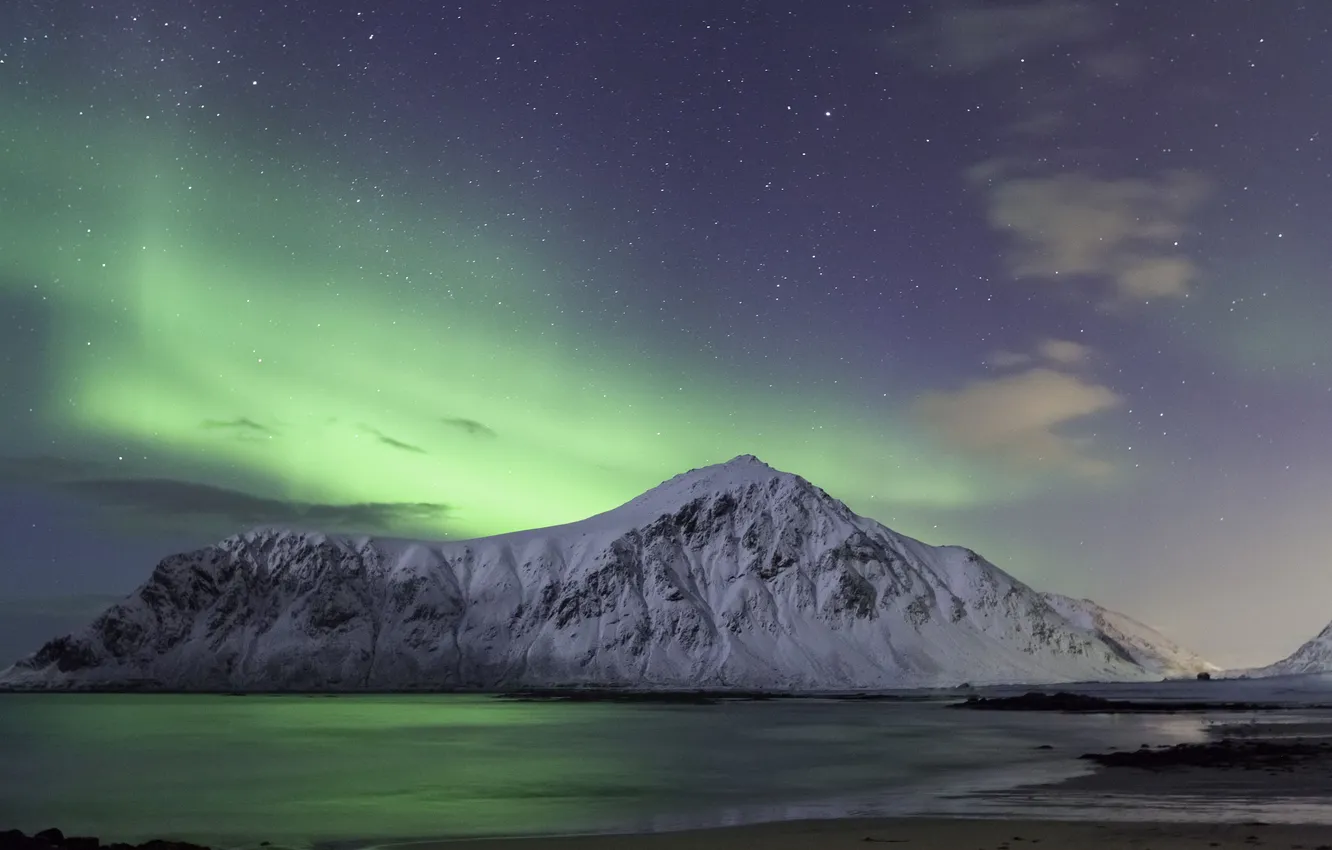 Фото обои звезды, горы, ночь, северное сияние, Норвегия