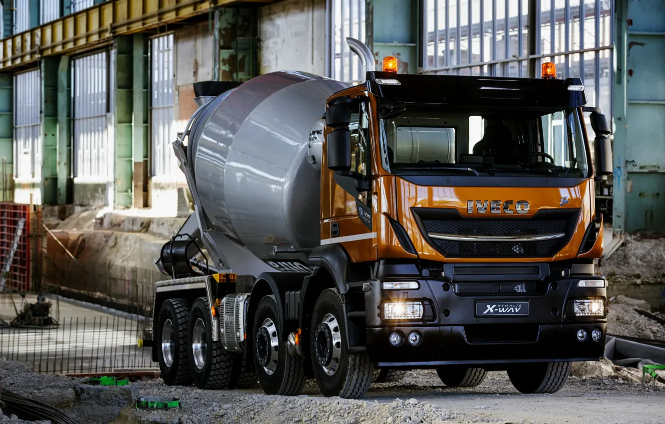 Фото обои стена, 8x4, Iveco, стройплощадка, бетоносмеситель, Stralis X-Way, Super Loader, оранжево-чёрный