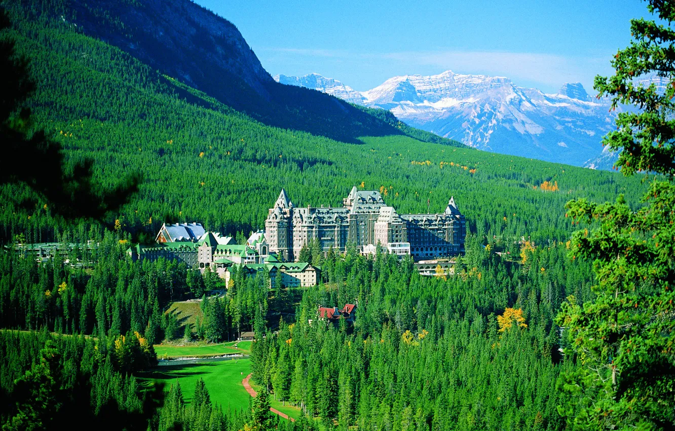 Фото обои лес, деревья, горы, Канада, панорама, отель, Банф, Springs Hotel