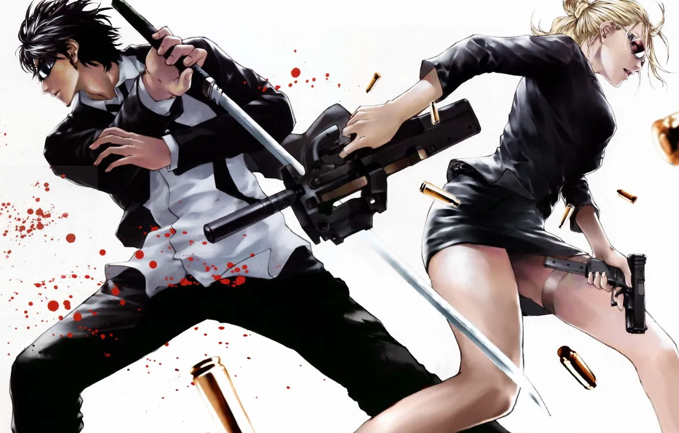 Фото обои оружие, кровь, женщина, катана, аниме, мужчина