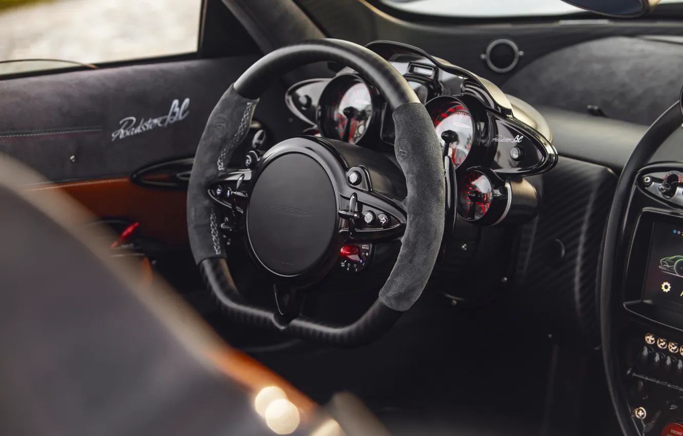 Фото обои Pagani, Huayra, steering wheel, dashboard, torpedo, Pagani Huayra BC Roadster