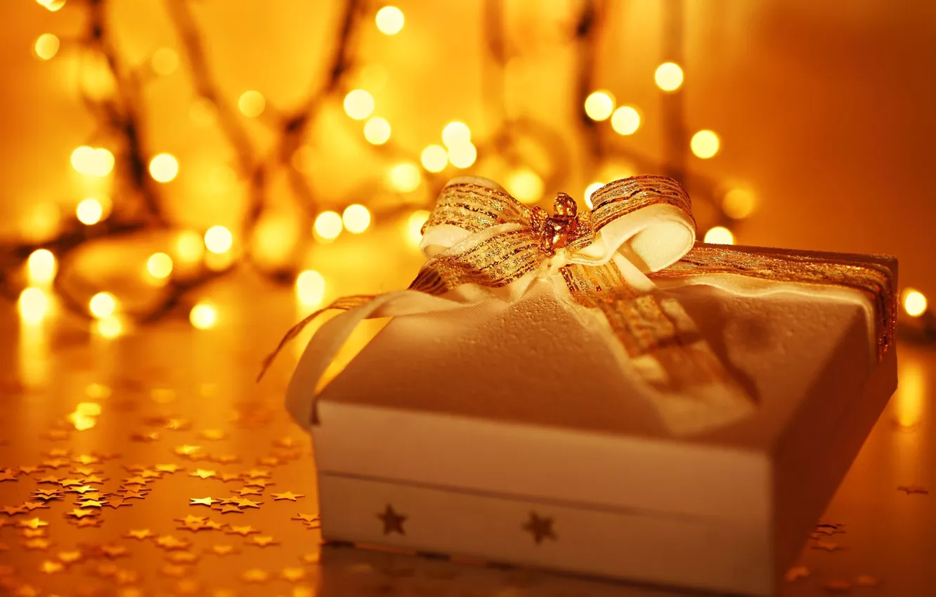 Фото обои звезды, праздник, коробка, подарок, обои, новый год, рождество, размытие