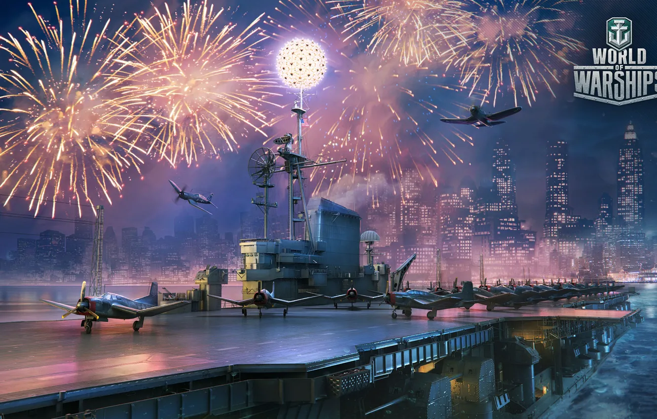 Фото обои игра, истребители, авианосец, aircraft, fireworks, ships, World Of Warship
