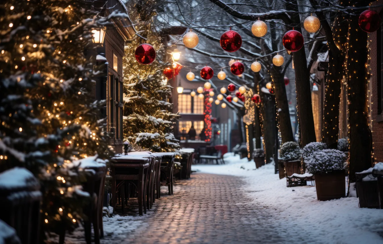 Фото обои зима, снег, украшения, ночь, город, lights, шары, улица