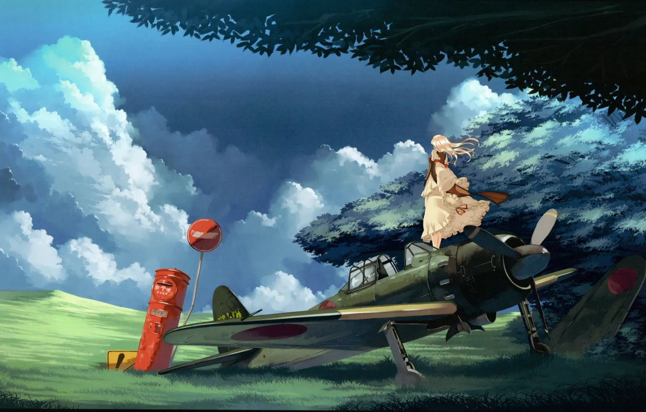 Фото обои трава, облака, самолет, дерево, ветер, знак, длинные волосы, touhou