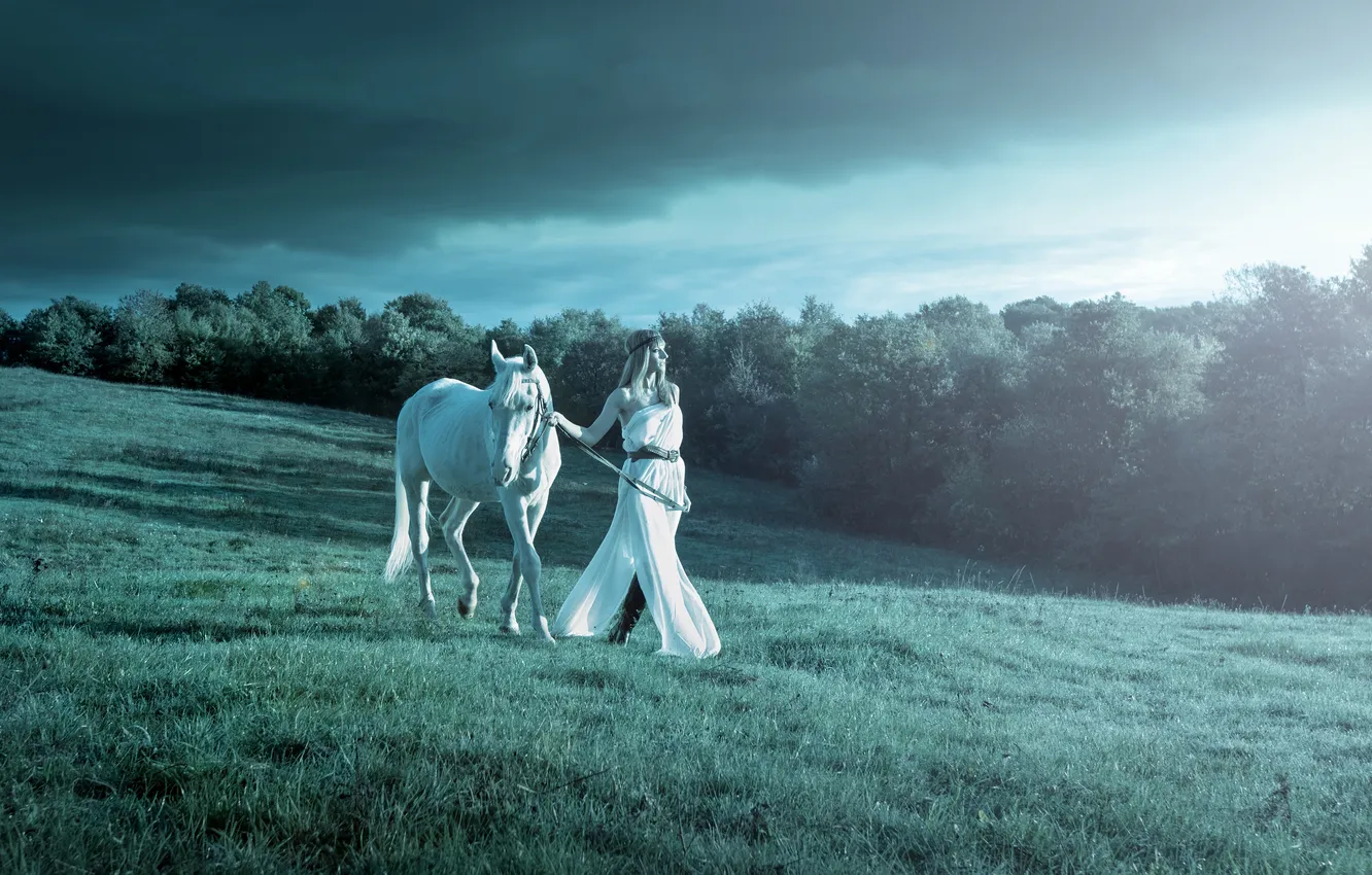 Фото обои природа, лошадь, цвет, Девушка, фильтр