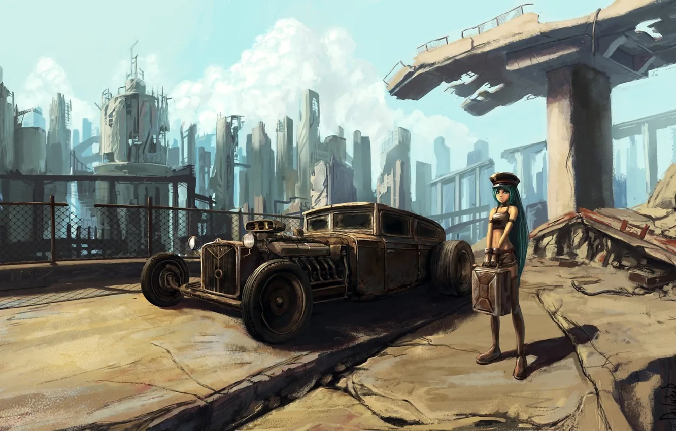 Фото обои машина, обломки, девушка, город, канистра, руины, vocaloid, hatsune miku