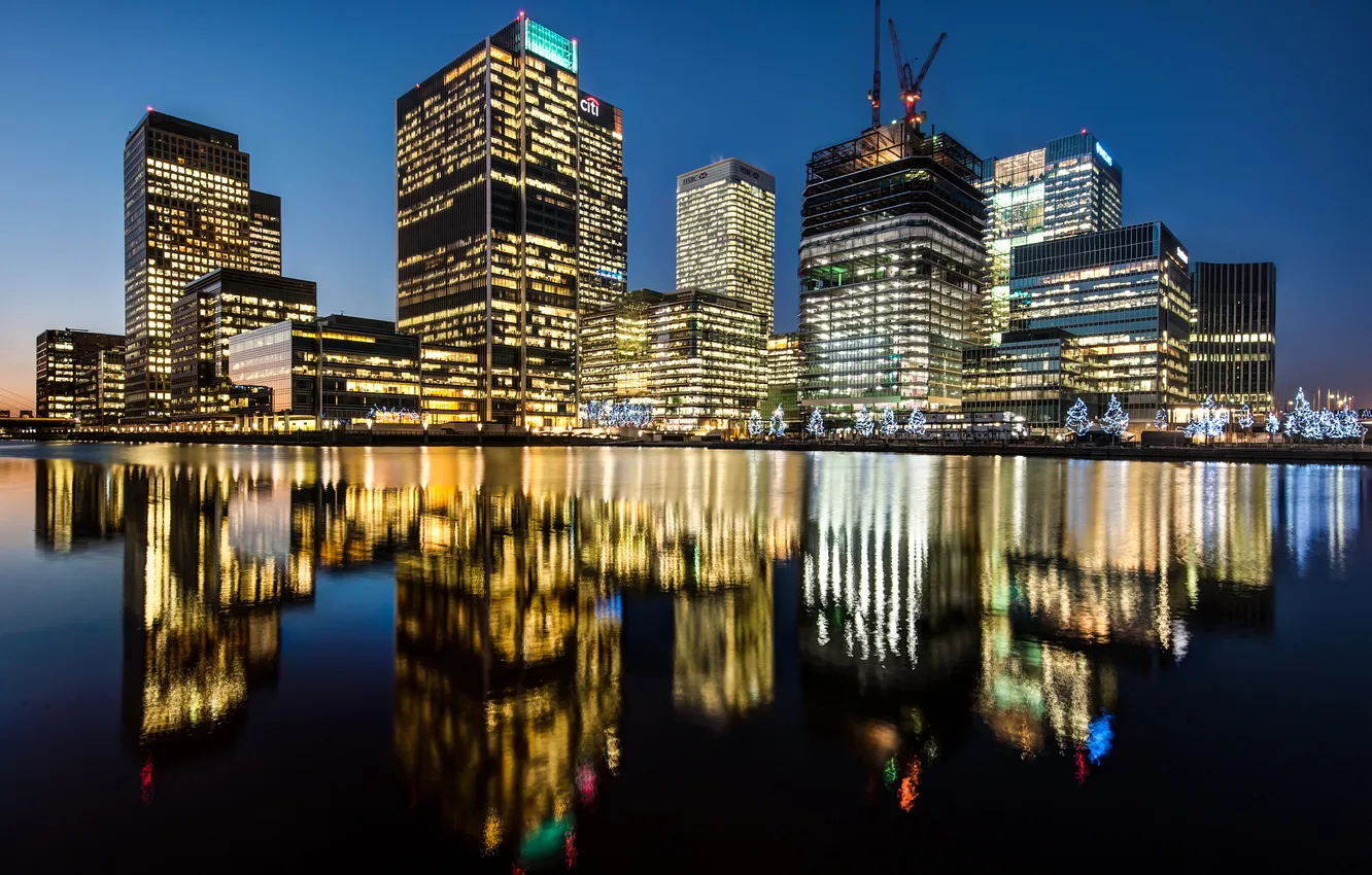 Фото обои свет, ночь, город, отражение, река, Англия, Лондон, здания