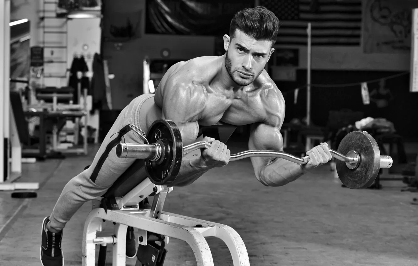 Фото обои поза, muscle, мышцы, штанга, атлет, бицепс, gym, бодибилдер