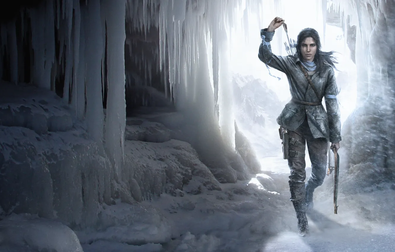 Фото обои девушка, снег, лук, пещера, Лара Крофт, стрелы, Square Enix, Lara Croft