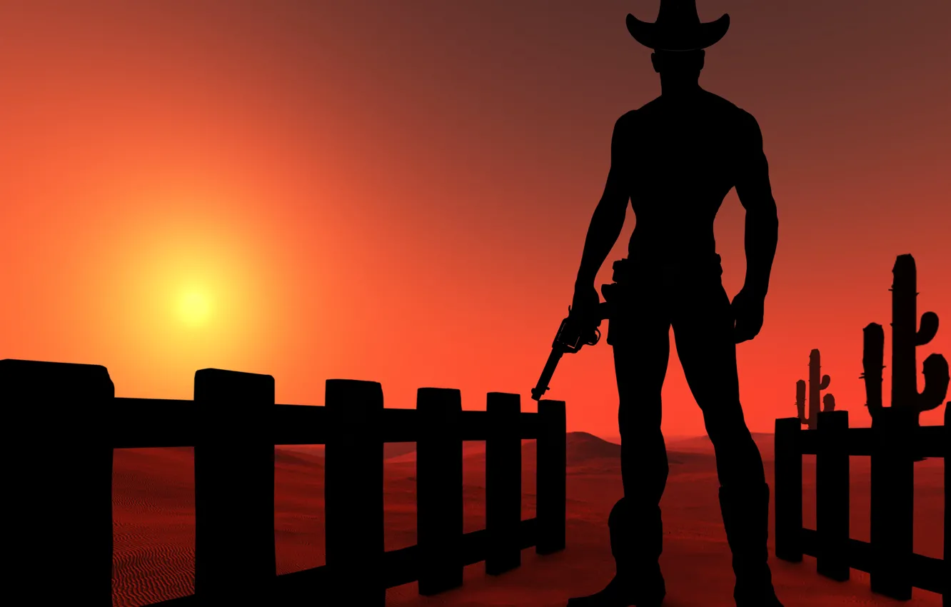 Фото обои desert, sunset, cowboy, Silhouettes