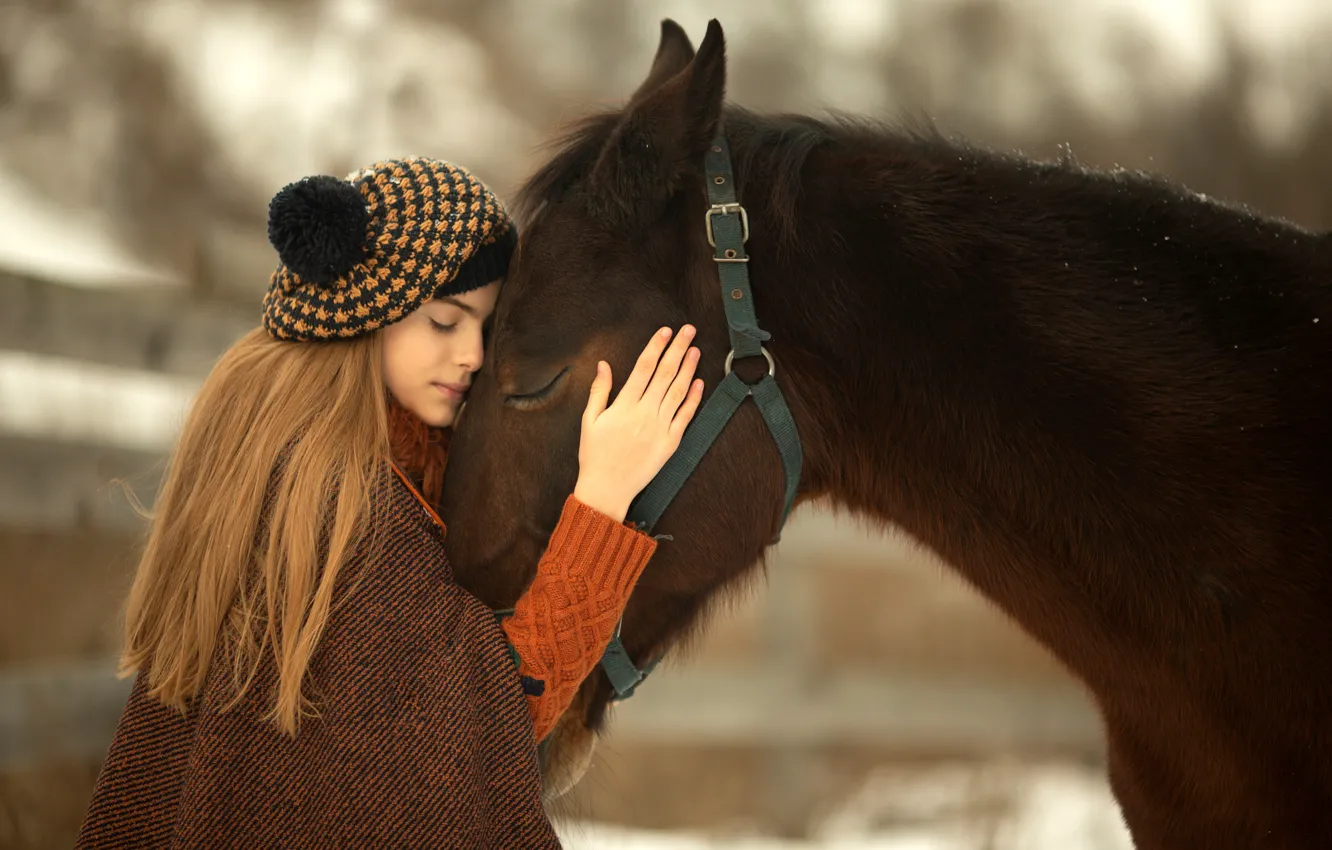 Фото обои зима, животное, конь, лошадь, девочка, подросток, Валерия Мороз