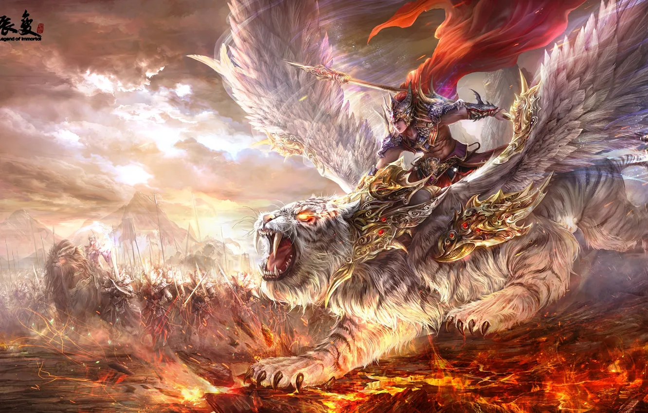 Фото обои тигр, оружие, пламя, магия, крылья, Воин, оскал, войско